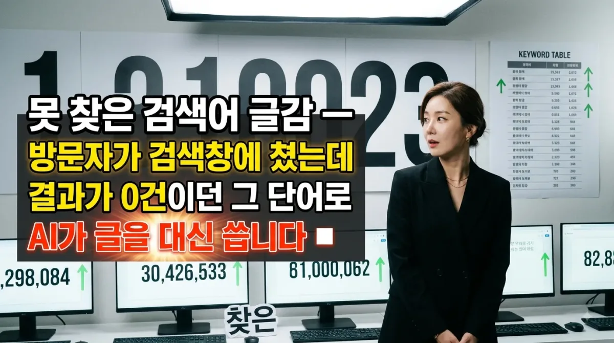 못 찾은 검색어 글감 — 방문자가 검색창에 쳤는데 결과가 0건이던 그 단어로 AI가 글을 대신 씁니다 누리보드 플러그인