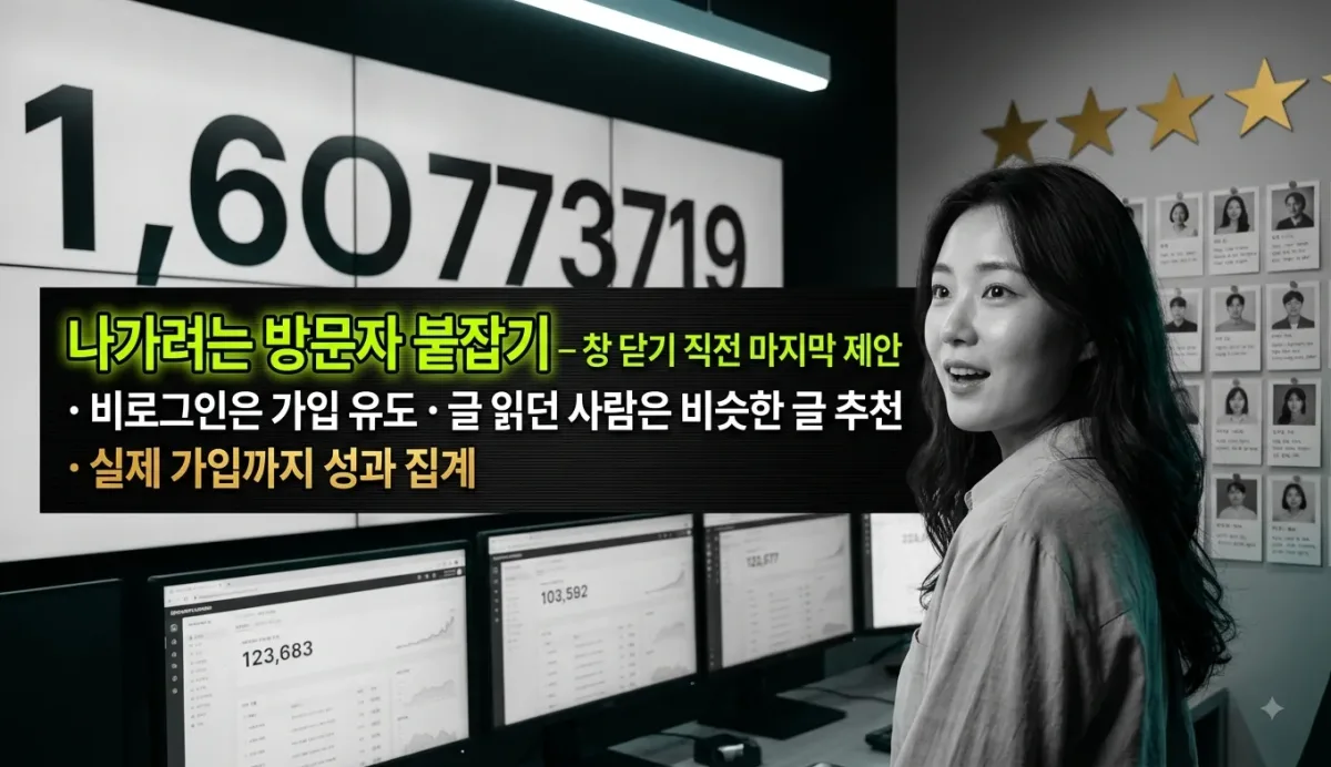나가려는 방문자 붙잡기 — 창 닫기 직전 마지막 제안 · 비로그인은 가입 유도 · 글 읽던 사람은 비슷한 글 추천 · 실제 가입까지 성과 집계 누리보드 플러그인