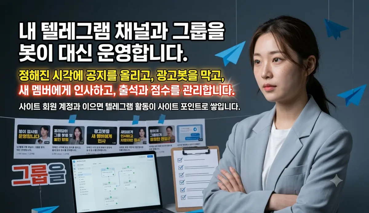 텔레그램 채널·그룹 자동 관리 — 예약 공지부터 광고봇 차단, 출석 점수, 사이트 회원 연결까지 누리보드 플러그인 - 알림/연동