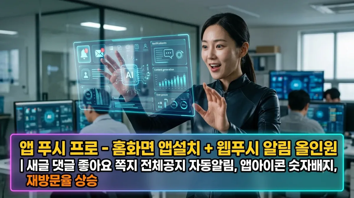 앱 푸시 프로 - 홈화면 앱설치 + 웹푸시 알림 올인원 | 새글 댓글 좋아요 쪽지 전체공지 자동알림, 앱아이콘 숫자배지, 재방문율 상승 누리보드 플러그인 - 알림/연동
