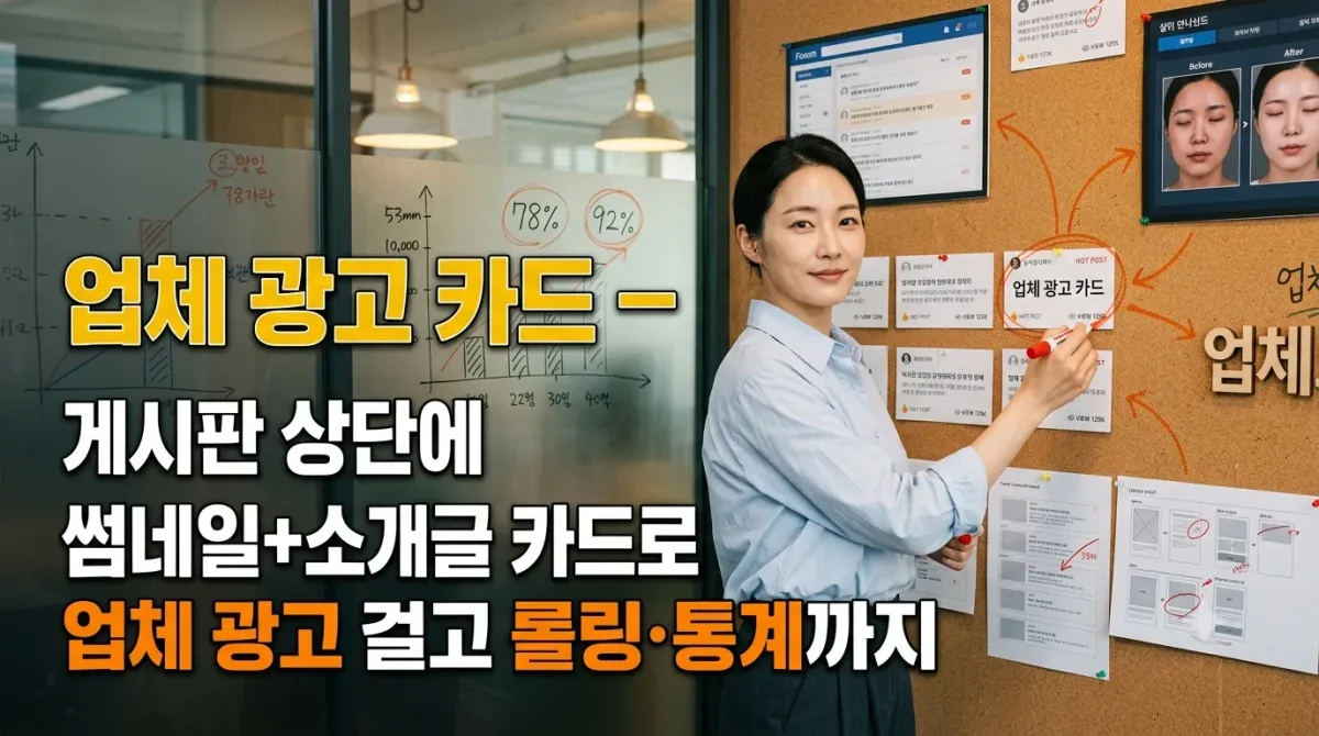 업체 광고 카드 — 게시판 상단에 썸네일+소개글 카드로 업체 광고 걸고 롤링·통계까지 누리보드 플러그인 - 콘텐츠
