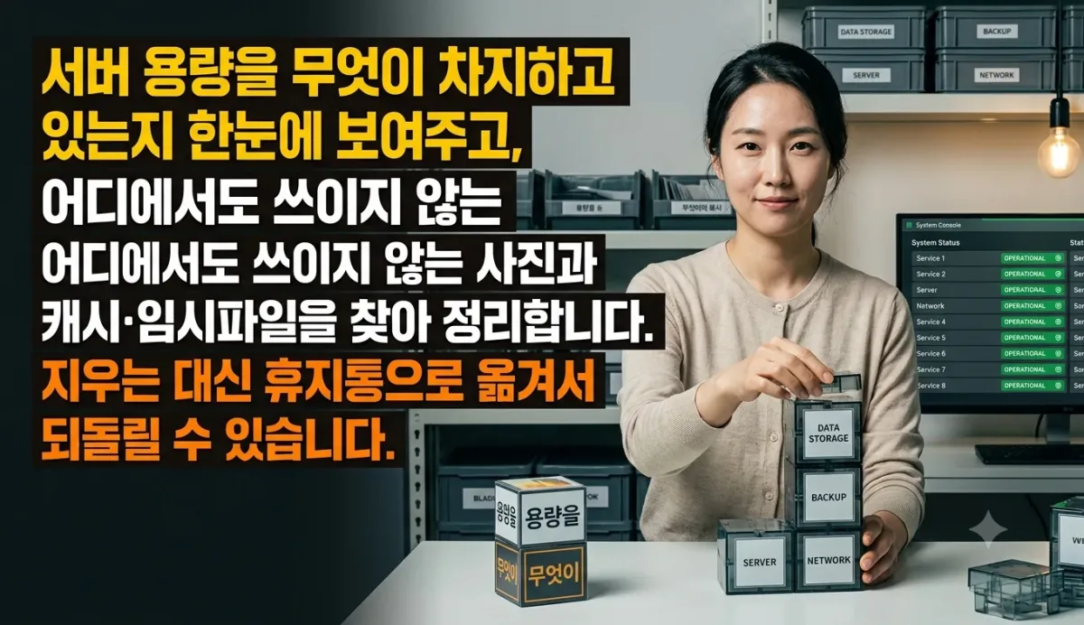 서버 용량을 무엇이 차지하고 있는지 한눈에 보여주고, 어디에서도 쓰이지 않는 사진과 캐시·임시파일을 찾아 정리합니다. 지우는 대신 휴지통으로 옮겨서 되돌릴 수 있습니다. 누리보드 플러그인 - 유틸리티